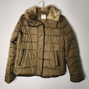 Old Navy Green Puffer Jacket Flax Fur Winter Coat Adult Women's Size M Medium